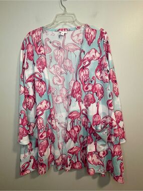 LuLaRoe Flamingo Print Open Cardigan - Pink & Light Blue